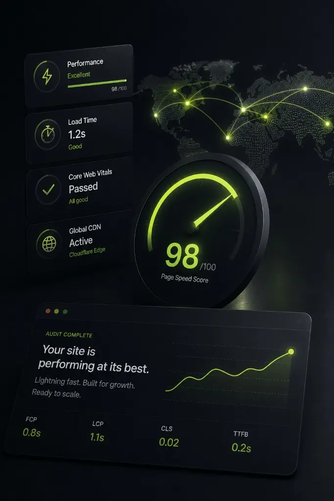 Illustration of a storefront performance audit with speed and analytics cues